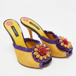 Pre Owned Dolce & Gabbana Size 36 Yellow/Purple Raffia and Straw Embellishment Mules