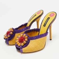 Pre Owned Dolce & Gabbana Size 36 Yellow/Purple Raffia and Straw Embellishment Mules