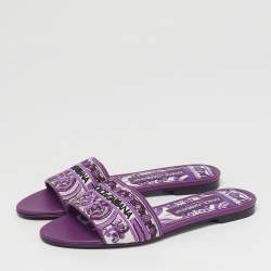 Pre Owned Dolce & Gabbana Size 37 Purple Brocade Fabric Flat Slides