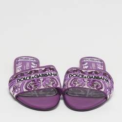Pre Owned Dolce & Gabbana Size 37 Purple Brocade Fabric Flat Slides