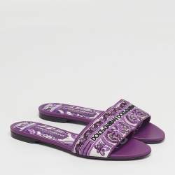 Pre Owned Dolce & Gabbana Size 37 Purple Brocade Fabric Flat Slides