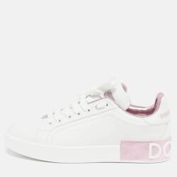 Pre Owned Dolce & Gabbana Portofino Size 38 White/Metallic Pink Leather Low Top Sneakers