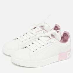 Pre Owned حذاء رياضي دولتشي أند غابانا بورتوفينو جلد أبيض/وردي معدني بعنق منخفض مقاس 38