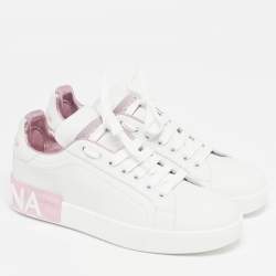 Pre Owned حذاء رياضي دولتشي أند غابانا بورتوفينو جلد أبيض/وردي معدني بعنق منخفض مقاس 38