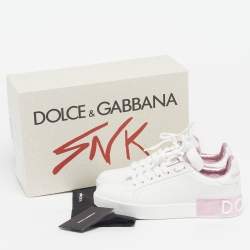 Pre Owned حذاء رياضي دولتشي أند غابانا بورتوفينو جلد أبيض/وردي معدني بعنق منخفض مقاس 38