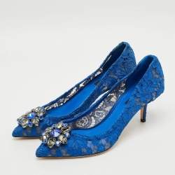 Pre Owned Dolce & Gabbana Bellucci Size 39 Blue Lace and Mesh Pumps