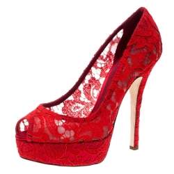 Dolce & Gabbana Red Lace Peep Toe Platform Pumps Size 40.5