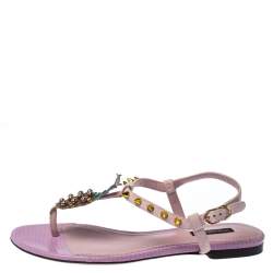 Pre Owned Dolce & Gabbana Pink Suede Leather Pineapple Embellished Flats Sandals Size 37