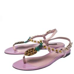 Pre Owned Dolce & Gabbana Pink Suede Leather Pineapple Embellished Flats Sandals Size 37