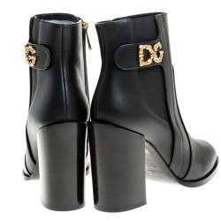 مملوكة مسبقًا Dolce & Gabbana Black Leather Logo Detail Ankle Boots Size 39