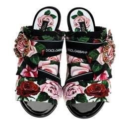 Pre Owned Dolce & Gabbana Multicolored Charmeuse Printed Fabric Bejeweled Buckle Mules Size 40