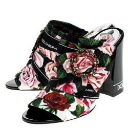 Pre Owned Dolce & Gabbana Multicolored Charmeuse Printed Fabric Bejeweled Buckle Mules Size 40