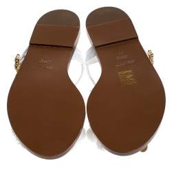 Pre Owned Dolce & Gabbana White Patent Leather And Raffia Pom Pom Crystal Embellished Flat Sandals Size 36