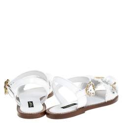 Pre Owned Dolce & Gabbana White Patent Leather And Raffia Pom Pom Crystal Embellished Flat Sandals Size 36