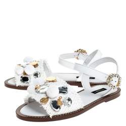 Pre Owned Dolce & Gabbana White Patent Leather And Raffia Pom Pom Crystal Embellished Flat Sandals Size 36