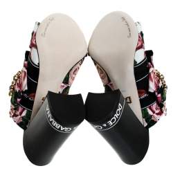 مملوكة مسبقًا Dolce & Gabbana Multicolor Floral Printed Fabric Crystal Embellished Bow Open Toe Mules Size 38.5