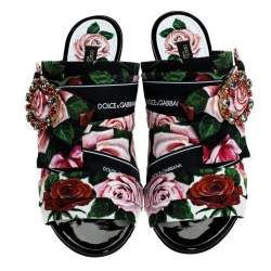 مملوكة مسبقًا Dolce & Gabbana Multicolor Floral Printed Fabric Crystal Embellished Bow Open Toe Mules Size 38.5