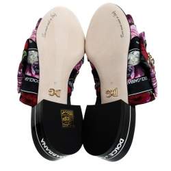 مملوكة مسبقًا Dolce & Gabbana Multicolor Floral Printed Fabric Crystal Embellished Bow Open Toe Flat Mules Size 35