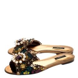 Pre Owned Dolce & Gabbana Multicolor Floral Brocade Fabric And Patent Leather Trim Faux Pearl Embellished Flat Slides Size 40