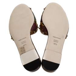 مملوكة مسبقًا Dolce & Gabbana Multicolor Floral Brocade Fabric And Patent Leather Trim Faux Pearl Embellished Flat Slides Size 36.5