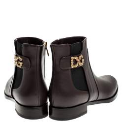 مملوكة مسبقًا Dolce & Gabbana Brown Leather Logo Detail Ankle Boots Size 37.5