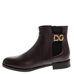 مملوكة مسبقًا Dolce & Gabbana Brown Leather Logo Detail Ankle Boots Size 37.5