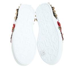 Pre Owned Dolce & Gabbana White Leather Portofino Flower Embellished Sneakers Size 37.5