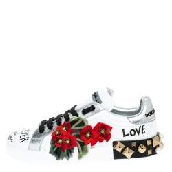 Pre Owned Dolce & Gabbana White Leather Portofino Flower Embellished Low Top Sneakers Size 37