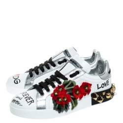 Pre Owned Dolce & Gabbana White Leather Portofino Flower Embellished Low Top Sneakers Size 37