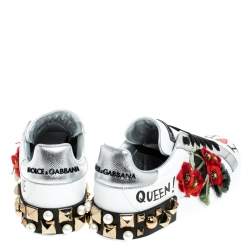  Dolce and Gabbana White Leather Portofino Flower Embellished Low Top Sneakers Size 36