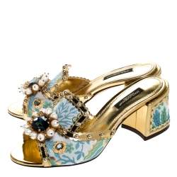 Dolce & Gabbana Multicolor Brocade Fabric And Patent Leather Trim Crystal Embellished Open Toe Sandals Size 36.5