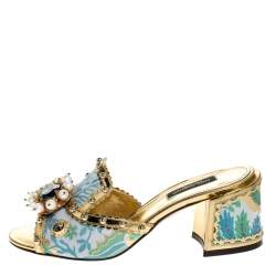 مملوكة مسبقًا Dolce & Gabbana Multicolor Brocade Fabric And Patent Leather Trim Crystal Embellished Open Toe Sandals Size 37.5