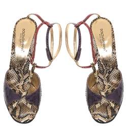 مملوكة مسبقًا Dolce & Gabbana Multicolor Python Leather Crystal Embellished Heel Ankle Strap Sandals Size 38.5