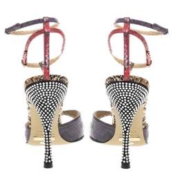 مملوكة مسبقًا Dolce & Gabbana Multicolor Python Leather Crystal Embellished Heel Ankle Strap Sandals Size 38.5