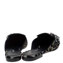 مملوكة مسبقًا Dolce & Gabbana Metallic Silver Canvas and Black Leopard Print Velvet Jackie Mule Size 37.5