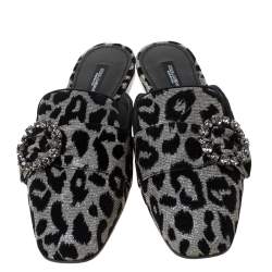 مملوكة مسبقًا Dolce & Gabbana Metallic Silver Canvas and Black Leopard Print Velvet Jackie Mule Size 37.5