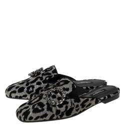 مملوكة مسبقًا Dolce & Gabbana Metallic Silver Canvas and Black Leopard Print Velvet Jackie Mule Size 37.5