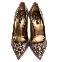 Pre Owned Dolce & Gabbana Gold Sequin Crystal Embellished Bellucci Pointed Toe Pumps Size 38.5