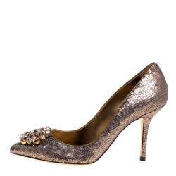 Pre Owned Dolce & Gabbana Gold Sequin Crystal Embellished Bellucci Pointed Toe Pumps Size 38.5