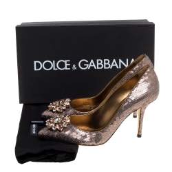 Pre Owned Dolce & Gabbana Gold Sequin Crystal Embellished Bellucci Pointed Toe Pumps Size 38.5