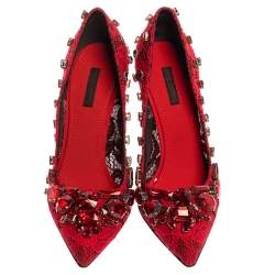 Pre Owned Dolce & Gabbana Red Lace Crystal Embellished Pointed Toe Pumps Size 39