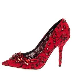 Pre Owned Dolce & Gabbana Red Lace Crystal Embellished Pointed Toe Pumps Size 39