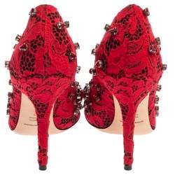 Pre Owned Dolce & Gabbana Red Lace Crystal Embellished Pointed Toe Pumps Size 39