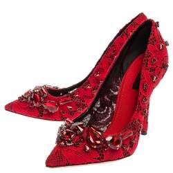Pre Owned Dolce & Gabbana Red Lace Crystal Embellished Pointed Toe Pumps Size 39