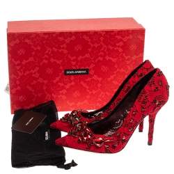 Pre Owned Dolce & Gabbana Red Lace Crystal Embellished Pointed Toe Pumps Size 39