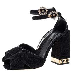 Pre Owned Dolce & Gabbana Black Fabric Crystal Embellished Block Heel Sandals Size 39