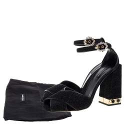 Pre Owned Dolce & Gabbana Black Fabric Crystal Embellished Block Heel Sandals Size 39