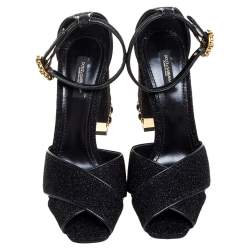 Pre Owned Dolce & Gabbana Black Fabric Crystal Embellished Block Heel Sandals Size 39