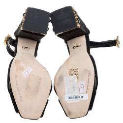 Pre Owned Dolce & Gabbana Black Fabric Crystal Embellished Block Heel Sandals Size 39