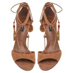 Pre Owned صندل دولتشي أند غابانا رباط علوي مزين بوم بوم سويدي بني مقاس 38.5 